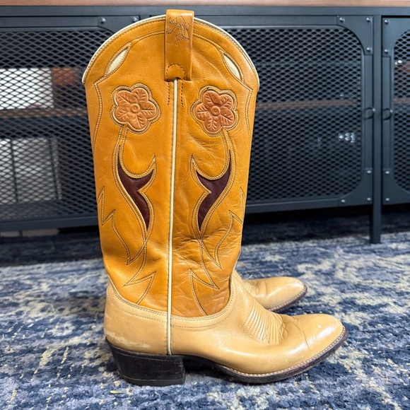 Ralph Lauren Celine Tan Floral Cowboy Boots Leather Vintage Size 9 - Picture 1 of 11